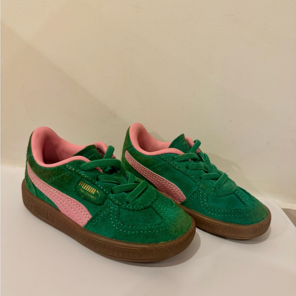 Puma Kids Green Suede Sneakers with Pink Accents